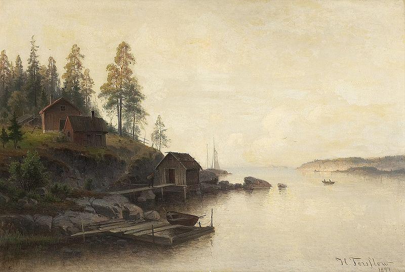 Harald Torsslow Kustlandskap med figurer och stugor oil painting image